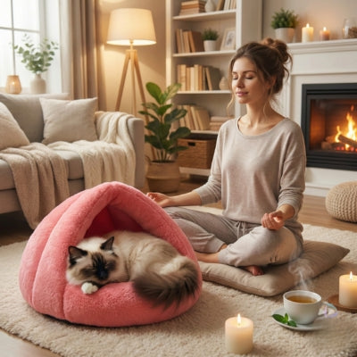 birman lové  dans une ses maisons pour chat maîtresse méditant