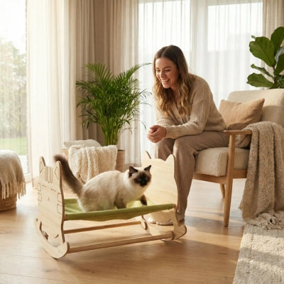 birman se balançant sur hamac à chat maîtresse contente