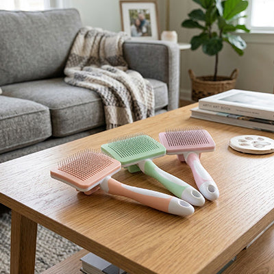 brosse chat trois couleurs sur table verte rose et pêche