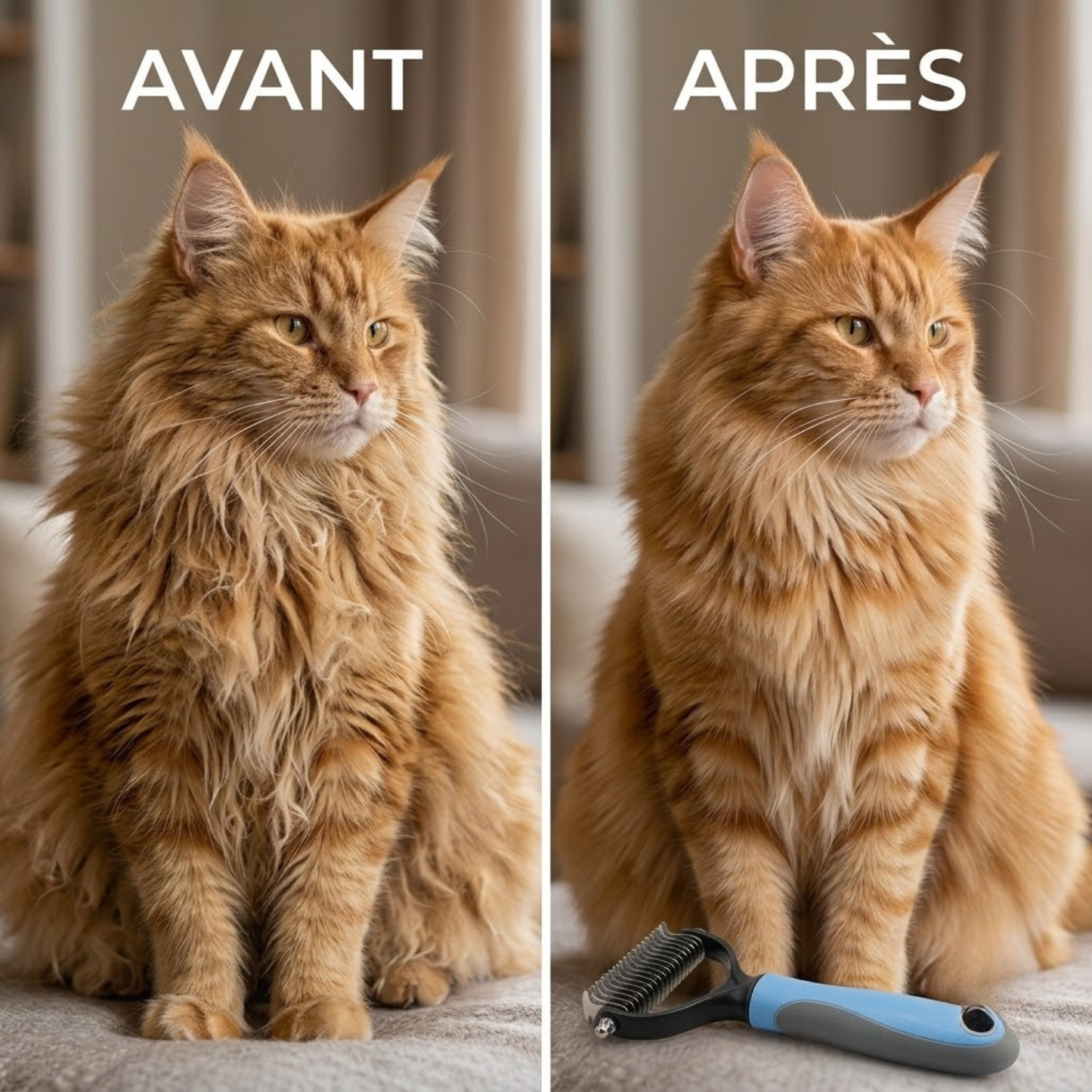 brosse pour chat avant après pelage emmêlé démêlé maine coon roux