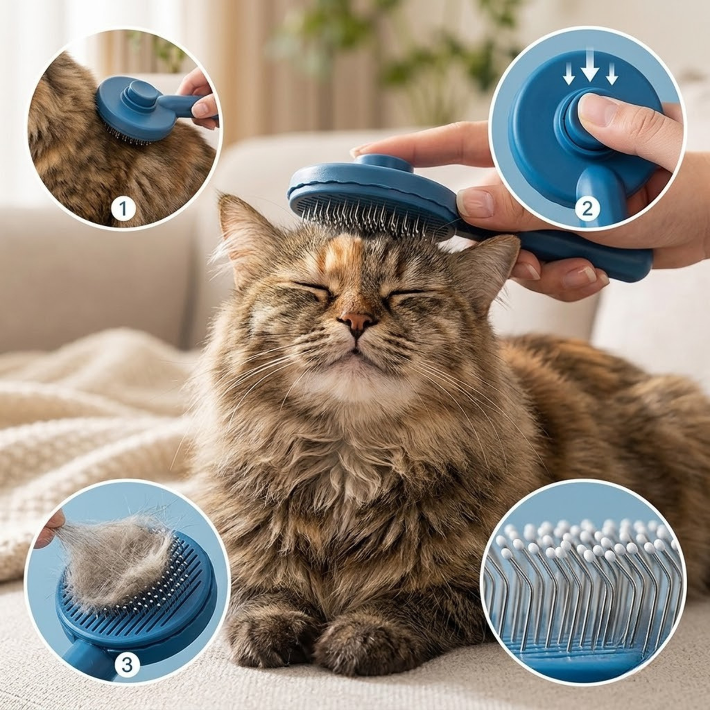 brosse pour chat bleue chat détendu étapes brossage clic picots courbés