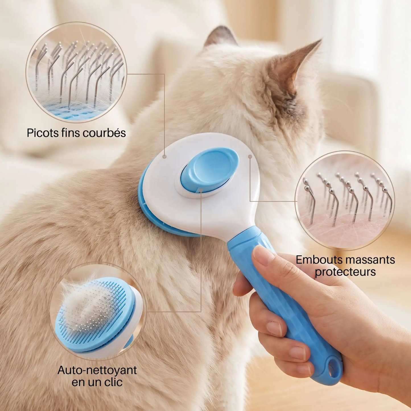brosse pour chat bleue picots courbés embouts massants auto nettoyant