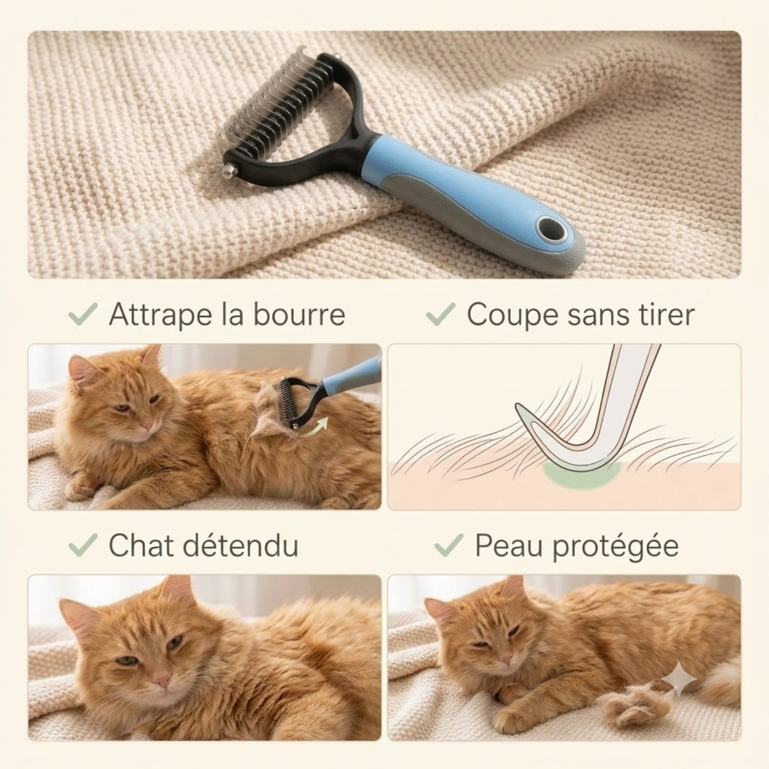 brosse pour chat mécanisme attrape bourre coupe sans tirer chat roux