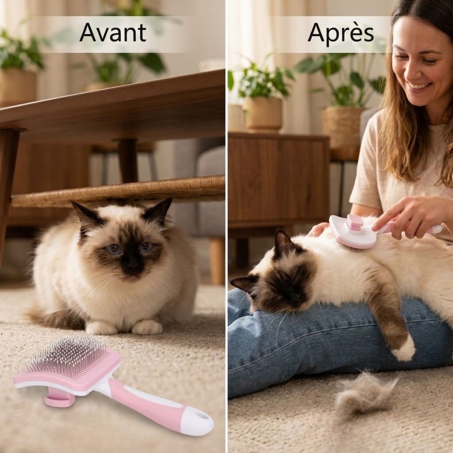 brosse pour chat rose avant après chat méfiant puis brossage détendu