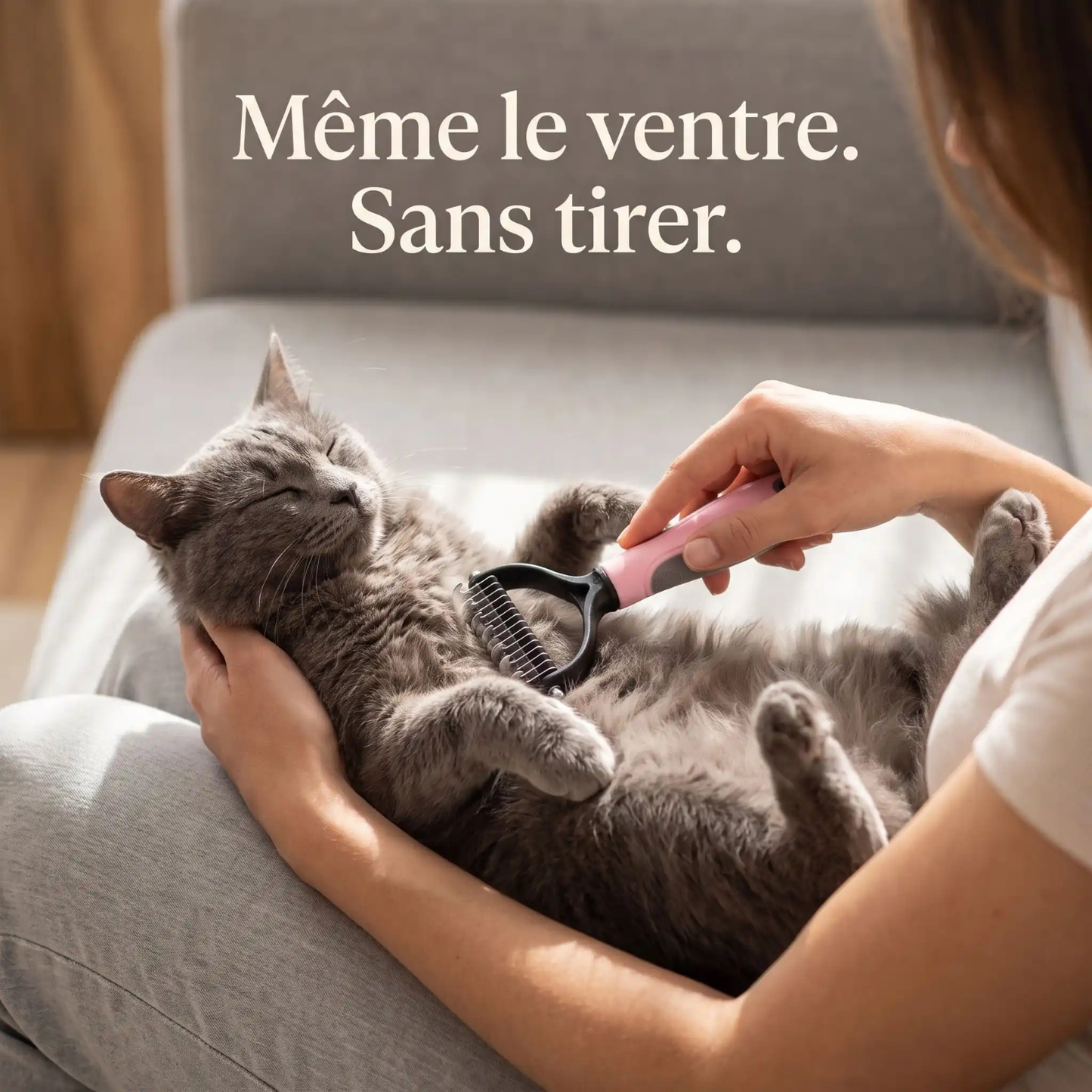 brosse pour chat rose brossage ventre chat détendu bras