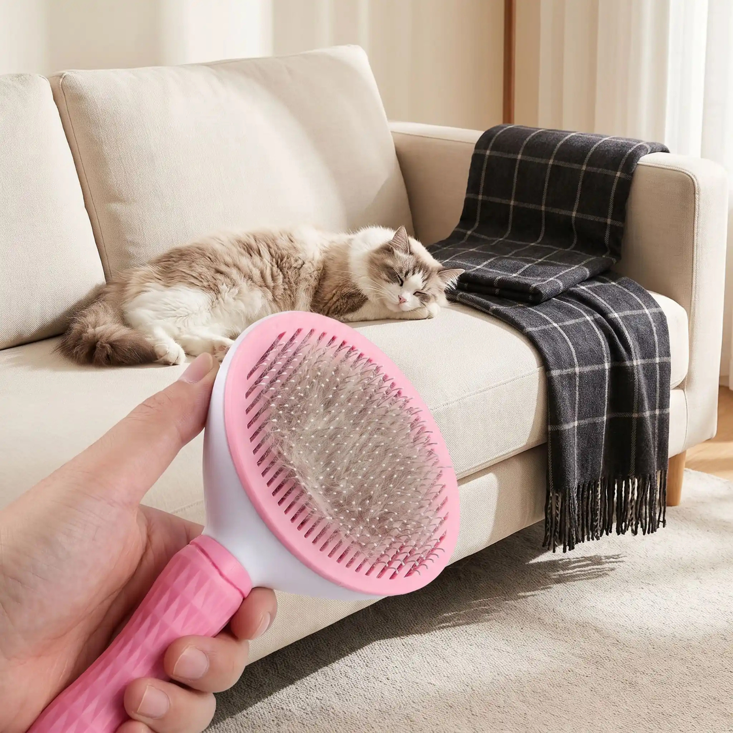 brosse pour chat rose pleine de poils canapé propre chat endormi