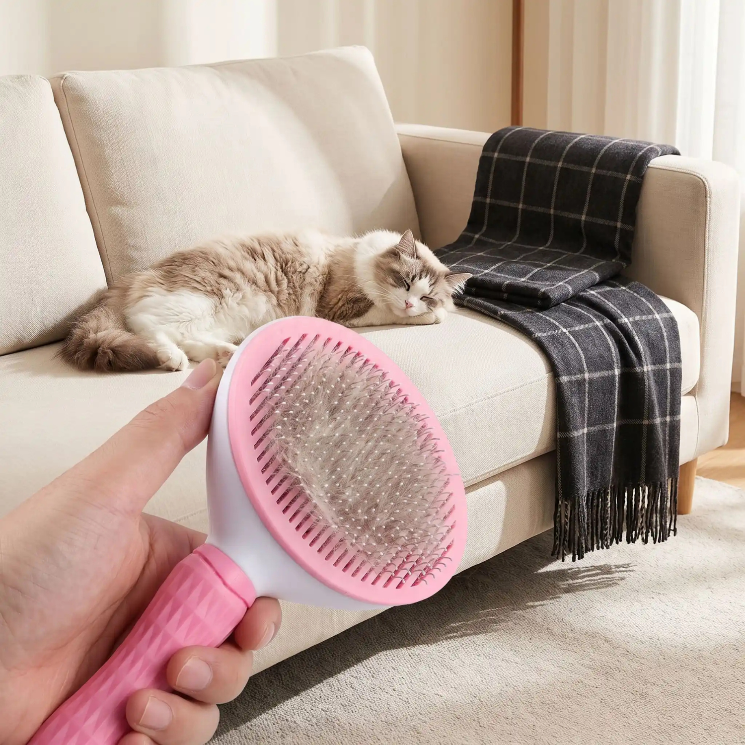 brosse pour chat rose pleine de poils canapé propre chat endormi