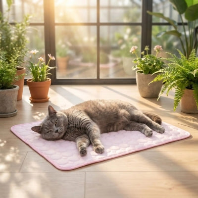chartreux relaxant sur tapis rafraichissant chat rose dans veranda