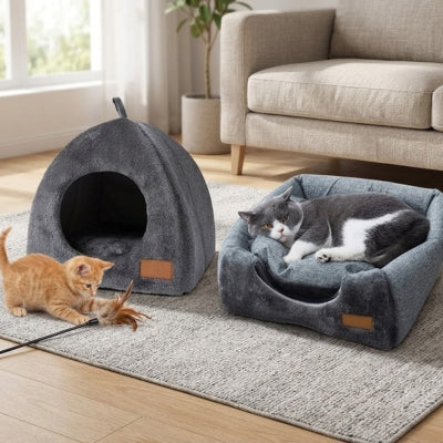 chat allongé niche à chat trasformée lit chaton joue devant niche fermée