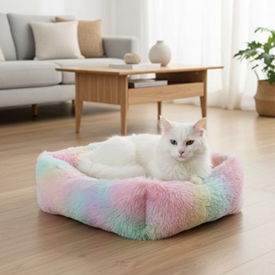 chat blanc installé sur un des coussins chats Nuage Arc-en-Ciel