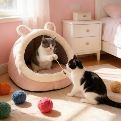  chat dans niche pour chat joue avec autre chat
