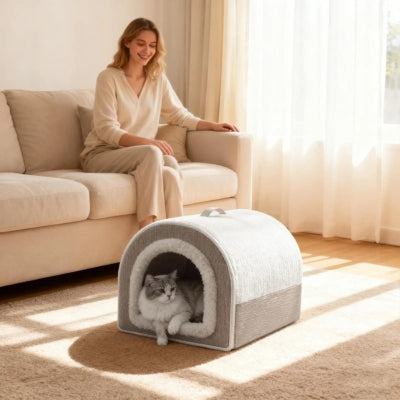 chat detendu dans niche pour chat intérieur maîtresse contente