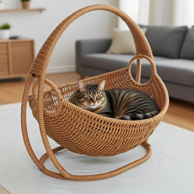 chat detendu dans panier pour chat en rotin
