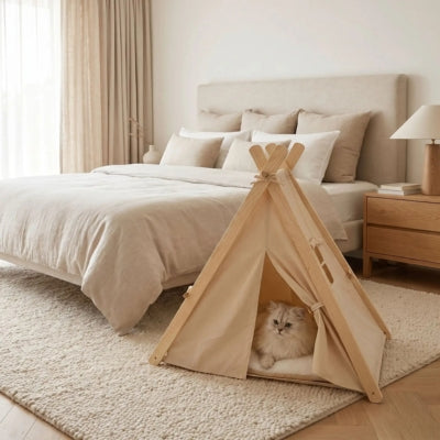 chat detendu dans tipi pour chat blanc dans chambre à coucher