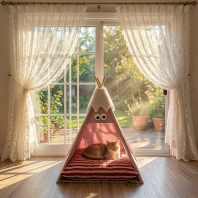 chat detendu dans tipi pour chat rose