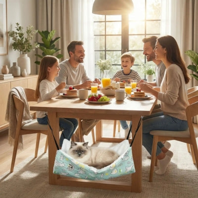 chat detendu haamc à chat accroché table famille attablée