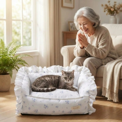 chat detendu sur un ses coussins chats maîtresse contente le regardant