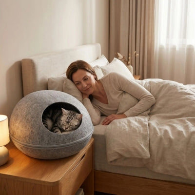chat dort dans cocon chat gris clair maîtresse allongée dans lit