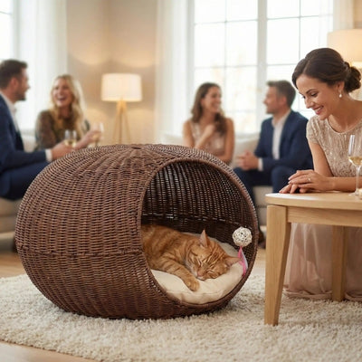 chat dort dans panier chat en osier maîtresse le regardant tendrement