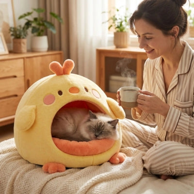 chat dort paisiblement dans cocoon chat maîtresse le regarde tendrement