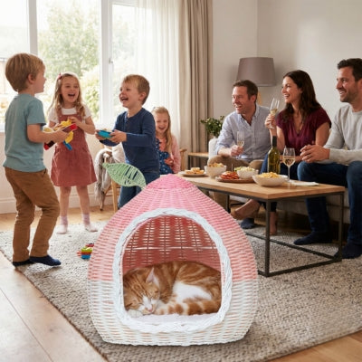 chat dort panier pour chat en osier enfants parents autour