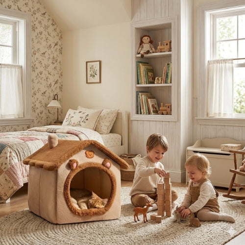 chat dort profondement dans niche pour chat enfants jouent à côté