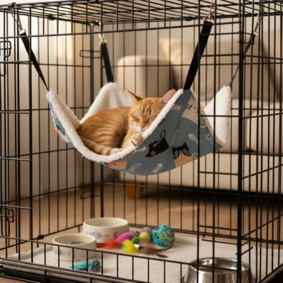 chat dort profondement sur hamac à chat suspendu à cage
