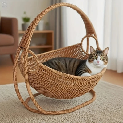 chat en detente panier pour chat en rotin