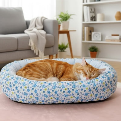 chat endormi dans coussin chats bleu fleuri
