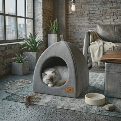 chat endormi dans niche à chat dans salon style industriel
