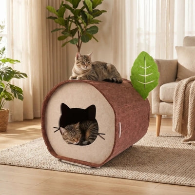 chat endormi dans niche chat feutre tronc'minou chat sur dessus