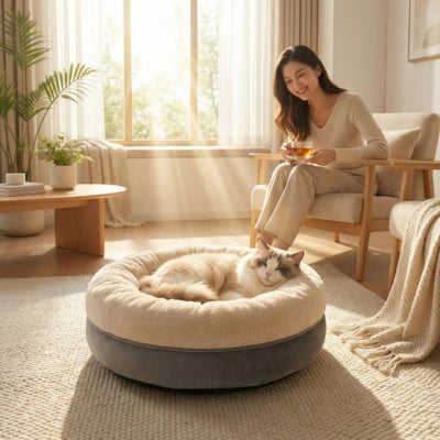 chat endormi profondement coussin chaton maîtresse joyeuse le regardant