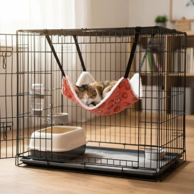 chat endormi sur hamac à chat rose fraise accroché à cage