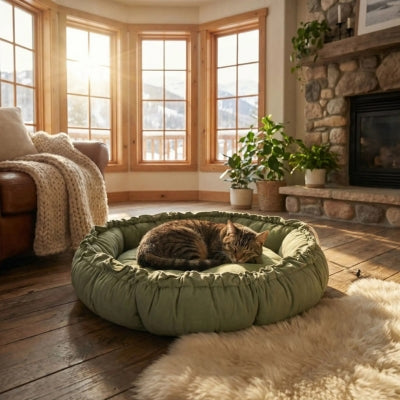 chat enroulé en boule dans couffin chaton forme contractée