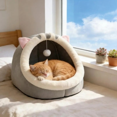 chat fait sieste dans niche chat gris