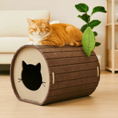 chat fait sieste sur dessus niche chat feutre marron