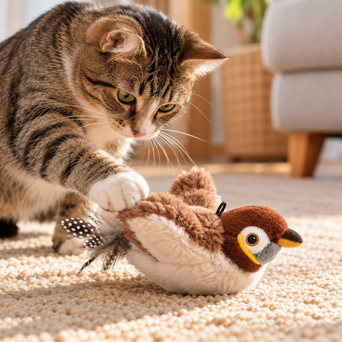 chat jouet chat tigré donne un coup de patte à l oiseau