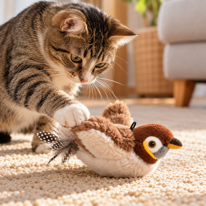 chat jouet chat tigré donne un coup de patte à l oiseau