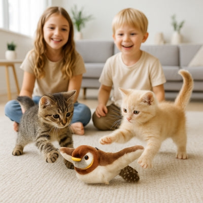 chat jouet chatons jouant avec jouet oiseau enfants heureux