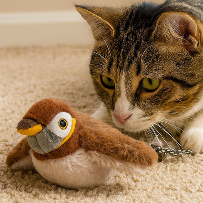 chat jouet oiseau peluche chat tigré observe sa proie
