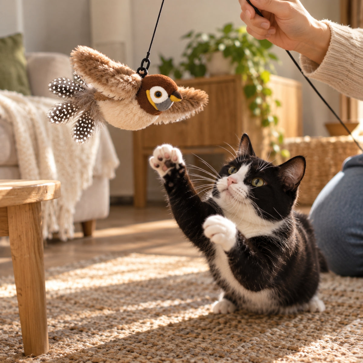 chat jouet oiseau suspendu chat noir et blanc bondit pour l attraper