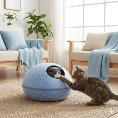 chat lové dans cocon chat bleu autre chat s'amuse avec lui
