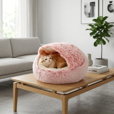 chat lové dans cocon chat rose