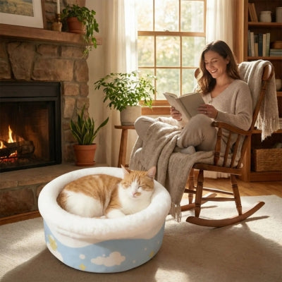 chat lové dans couffin pour chat maîtresse lis livre