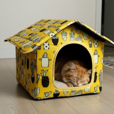 chat lovè dans maison pour chat jaune cactus