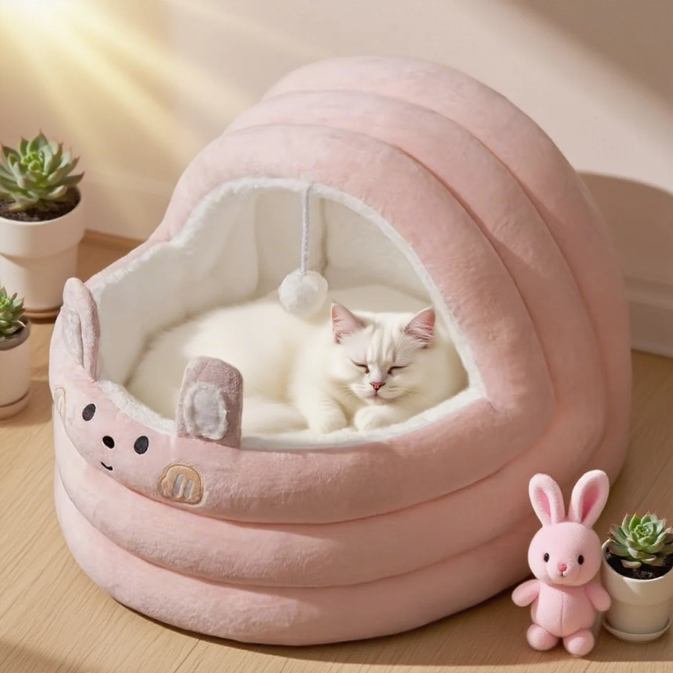 chat lové dans niche chat intérieur rose