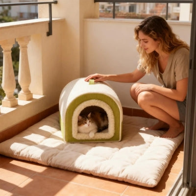 chat lové dans niche pour chat intérieur maîtresse à côté balcon