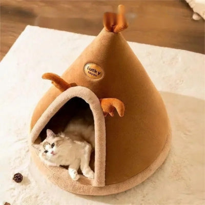 chat lové dans sa maison pour chaton marron