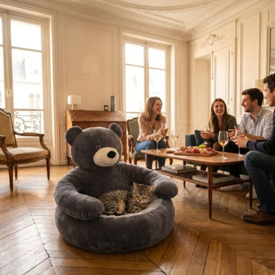 chat lové dans un des coussins chat Câlinourson gris apéro salon parisien