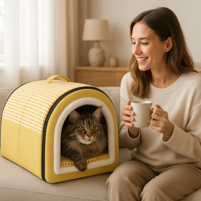 chat maison maine coon relaxant dedans  à côté maîtresse tenant tasse